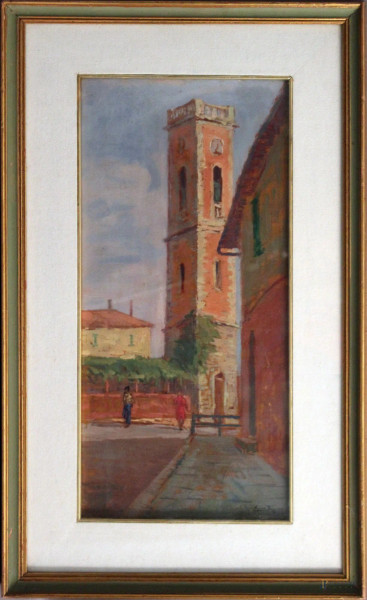 Adolfo Tommasi - Campanile, olio su tavola, cm 47 x 23, entro cornice.