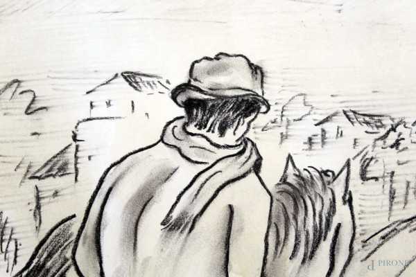 Uomo a cavallo, disegno a carboncino su carta, cm 48x33, firmato I. Battistelli, entro cornice