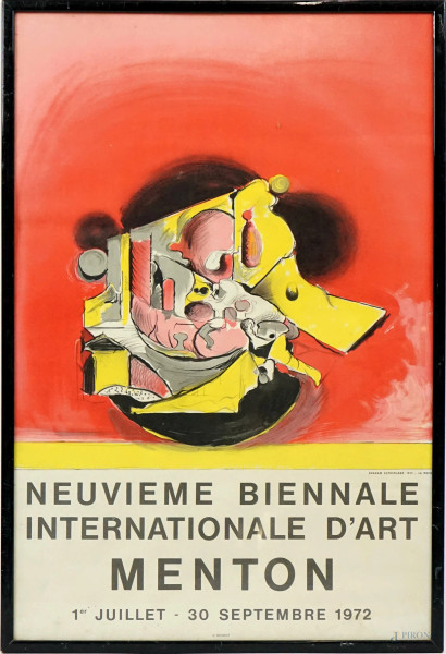 Neuvieme Biennale Internationale d'art (1 Juillet - 30 Septembre 1972), manifesto a colori, cm 71x47, entro cornice.