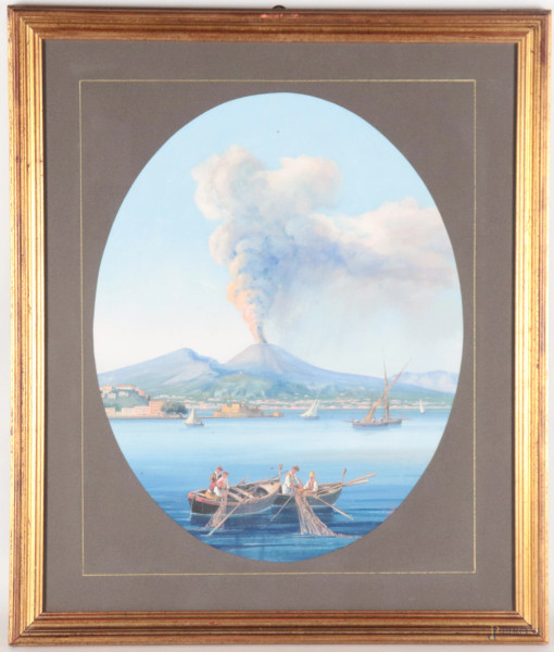 Veduta del Vesuvio in eruzione con il Golfo di Napoli e pescatori, XIX-XX secolo, tecnica mista su carta, cm 54x44 compreso passepartout, firmato in basso a destra, entro cornice, (Segni di usura, lievi tracce di umidità, piccolo foro in alto