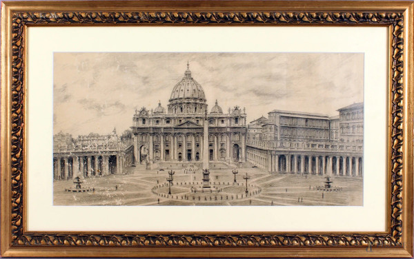 Piazza San Pietro, disegno a matita su carta, cm. 24x49, entro cornice, (difetti sulla carta).