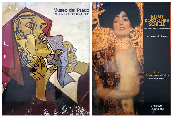 Lotto composto da due manifesti da collezione: Picasso, Museo del Prado - Cason del Buen Retiro, cm 85x65 e Klimt Kokoschka Shiele al Complesso del Vittoriano, cm 50x70