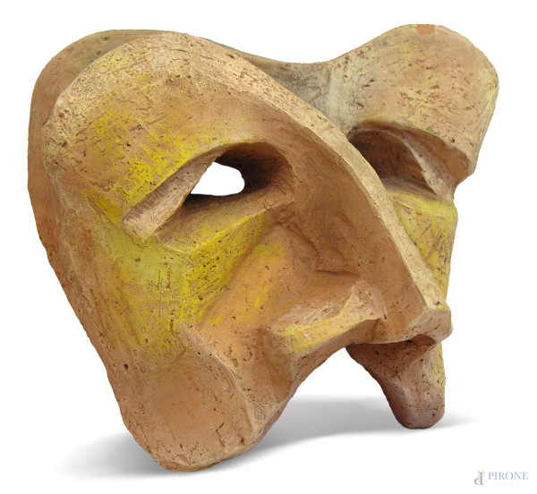 Maschera futurista, terracotta policroma, cm 25x20, monogramma al retro