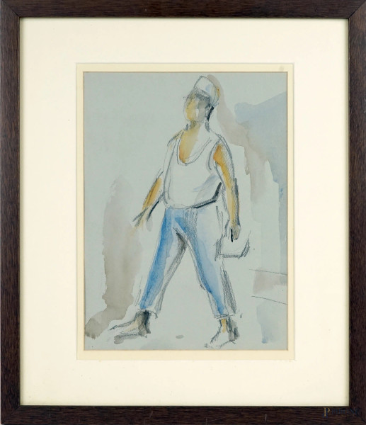 Figura, tecnica mista su carta, cm 28x20, entro cornice