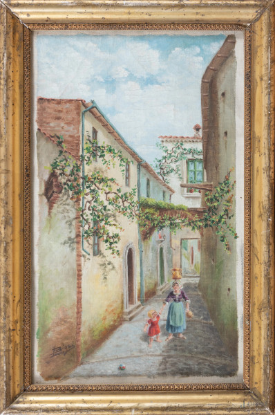Vicolo di paese, XX secolo, olio su tela applicata su cartone, cm 37,5x23, firmato in basso a sinistra, entro cornice, (segni di usura, ondulazioni, craquelure, abrasioni, difetti)