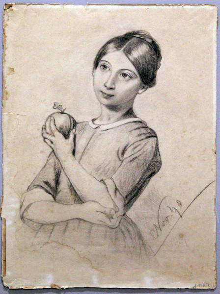 Fanciulla con frutto, disegno su carta, 34x25 cm, entro cornice firmato e datato