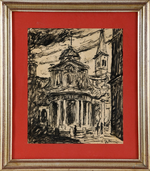 Achille Sdruscia, Facciata di chiesa, tecnica mista su carta, firmato in basso a desta, 42,5x36 compreso passepartout entro cornice