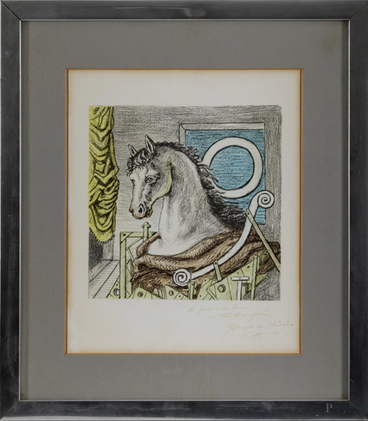 Giorgio De Chirico (1888-1978), stampa a colori dedicata e firmata dall'artista, cm 38x33 compreso passepartout, entro cornice, (difetti)