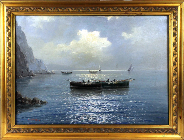 Marina con imbarcazioni, olio su tela, cm. 50x70, firmato Vincenzo D&#39;Auria, entro cornice.
