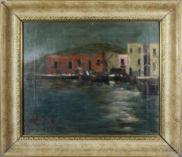 Ernesto Biondi - Scorcio di paese costiero, olio su tela 36,5x44,5cm entro cornice.