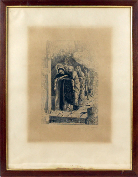 Achille Jacquet - La Madonna e le pie donne sul golgota, incisione, cm 32x24, entro cornice