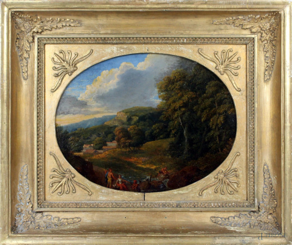 Jan Frans  Van Bloemen detto L'Orizzonte - Paesaggio con figure, olio su rame, cm. 24,5x32,5, entro cornice