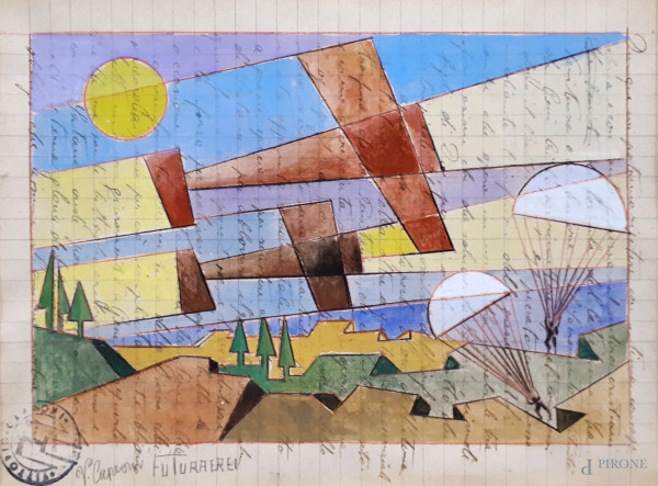 Vittorio Caproni (XX sec.) Futuraerei, lotto composto da due aeropitture a tecnica mista su fogli...