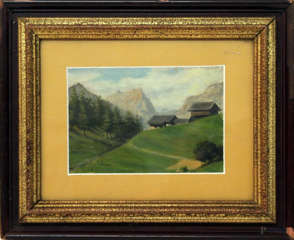 Paesaggio alpino, olio su cartoncino, cm 12x18, firmato G. Colmo, entro cornice.