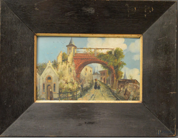 Paesaggio con case, arco e figure, dipinto dell'800 ad olio su tavola 22x32 cm, entro cornice.