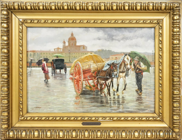 La carrozza, olio su cartone, firmato e datato in basso a sinistra G. Vannucci 1918, cm 47x31,8, entro cornice