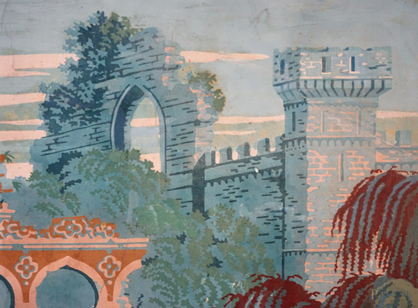 Scena cavalleresca, tempera su carta applicata su tela, XX secolo, cm 97,3x183