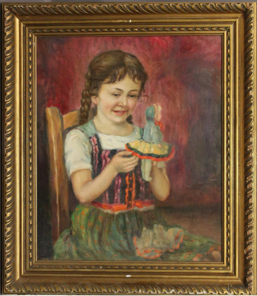 Bambina con bambola, olio su tela 62x50 cm, firmato, entro cornice.