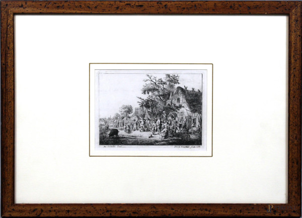 Multiplo su carta raffigurante Scena di villaggio, da un originale di David Deuchar del 1788, cm 16,5x22, entro cornice