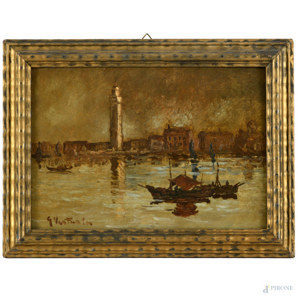 Scorcio di Venezia, olio su compensato, cm 19x26 entro cornice, firmato in basso a sinistra " G. Venturin"