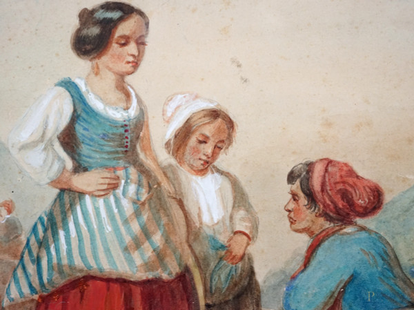 Il pescatore, acquerello su carta, XIX secolo, cm 29x38,5 compreso passepartout, entro cornice, (...