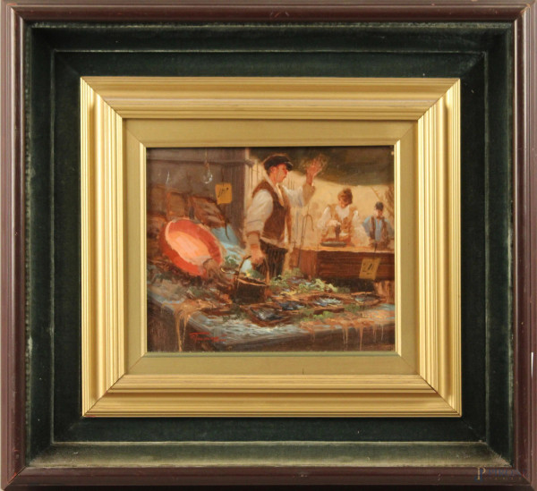 Venditore di pesce, olio su tavola, cm. 20x24,5, firmato Tammaro.
