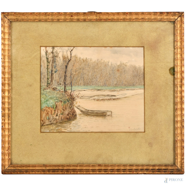 Eduardo Monteforte (Polla, 1849 – Napoli, 1933), Lungo il Volturno, tecnica mista su cartoncino, cm 29,5x33,5 compreso passepartout, firmato in basso a destra, (ondulazioni del supporto)