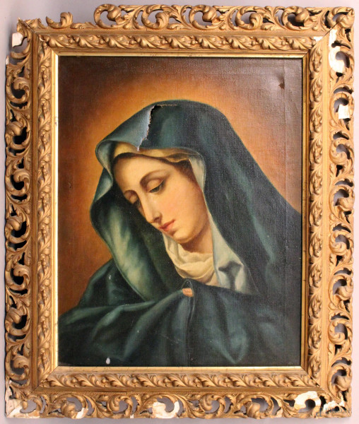 Madonna, olio su tela cm 50x40, primi&#39;900, entro cornice,(difetti alla tela).