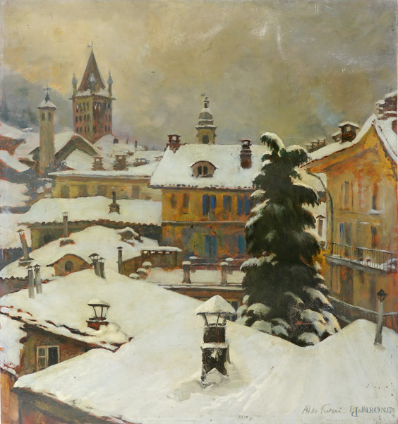 Aldo Severi - Biella sotto la neve, olio su cartone, cm 75x70