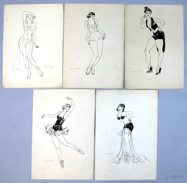 Luigi  Bompard - Lotto di cinque disegni raffiguranti danzatrici, tecnica mista su carta, cm 33,5x23