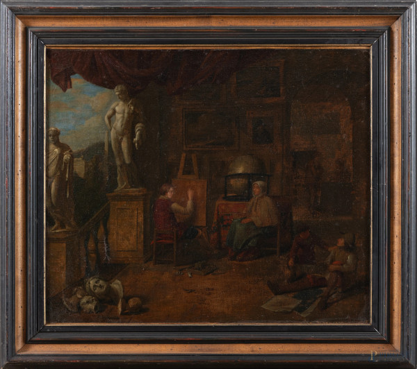 Nello studio, XVIII secolo, olio su tela, cm 50x60, entro cornice, (segni di usura, abrasioni, lieve craquelure, sollevamenti di colore)
