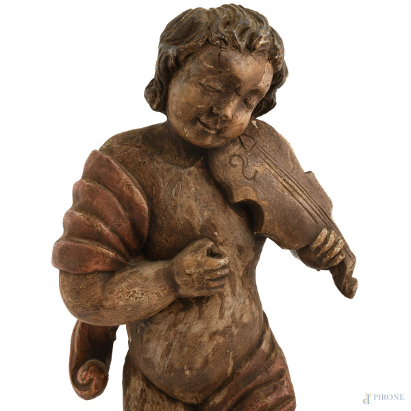 Coppia di sculture in legno policromo raffiguranti putti musicanti, XIX secolo, altezza cm 76, (d...