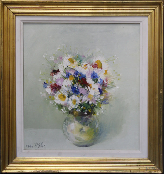 Natura morta, Vaso con fiori, dipinto ad olio su tela, cm 46 x 50, entro cornice.
