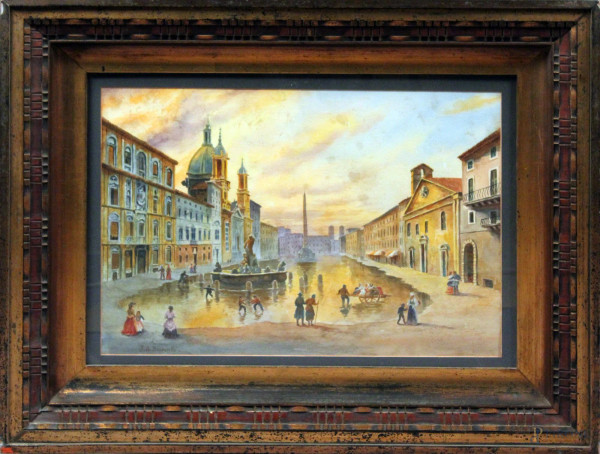 Veduta di piazza Navona, acquarello su carta 34x50 cm, firmato J. A. Beneville, entro cornice.