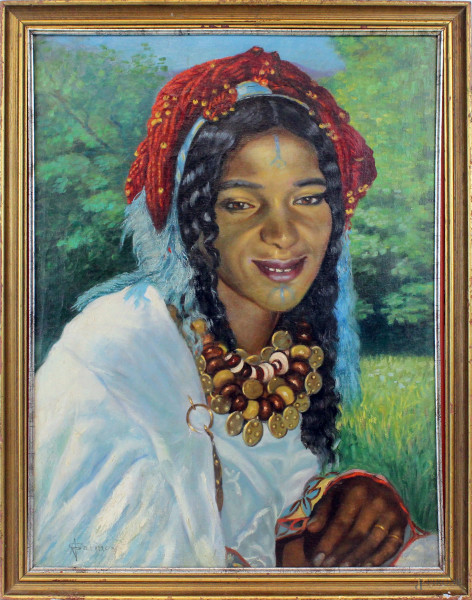Donna africana, olio su tela, cm 61x44,5, firmato Angelo Garino, entro cornice.