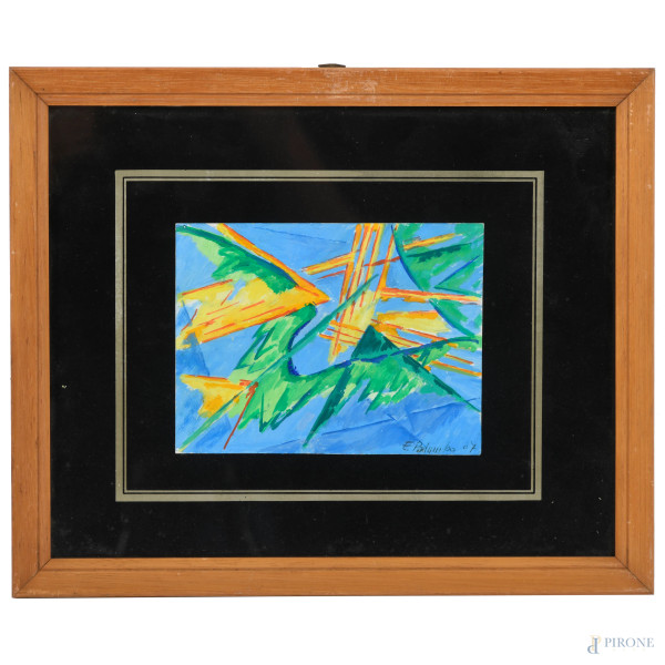 Edoardo Palumbo (1932-2018), Composizione, acrilico su carta, cm 12x15,5, firmato e datato  "07" in basso a destra, entro cornice