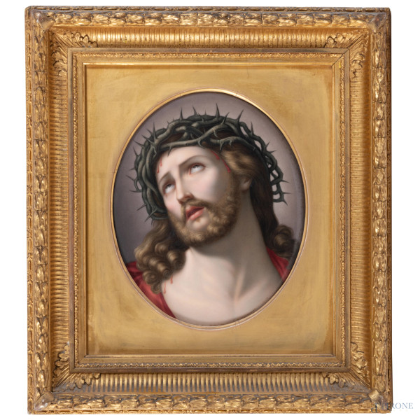 Cristo coronato di spine da Guido Reni, XX secolo, tecnica mista su porcellana, cm 25x20,5, entro cornice