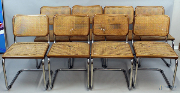 Otto sedie modello Cesca, struttura in metallo tubolare cromato, sedute e schienali in canneté, cm h 81, XX secolo, (difetti).