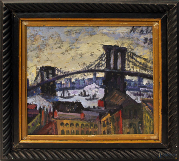 Veduta del ponte di Brooklyn, N.Y., olio su cartoncino, cm 26 x 30.