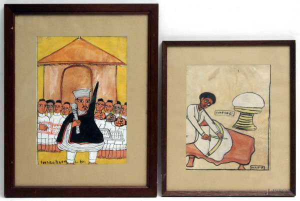 Lotto composto da due dipinti a soggetti di figure, tecnica mista su carta 24x17/20x16 cm, arte Etiope anni 70, entro cornice.