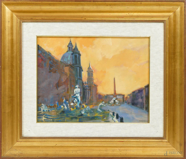 Corrado Frateantonio - Piazza Navona al tramonto, olio su tela, cm 30x39, entro cornice