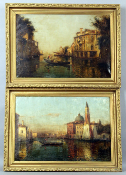 Coppia di vedute veneziane, olio su tela 37x53 cm, firmate Marc Aldine, entro cornici