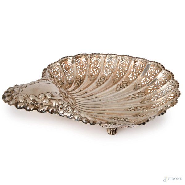 Conchiglia centrotavola in argento inglese, cm 5,5x28x23, peso gr 300