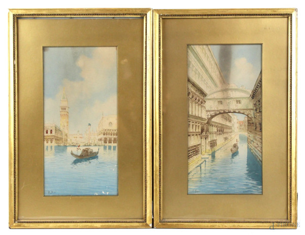 Coppia di vedute di Venezia, acquarello su carta, cm. 32x15, firmato R. Boni, entro cornice.