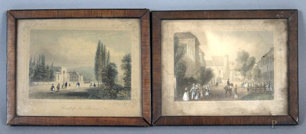 Coppia di stampe colorate, raffiguranti paesaggi, cm. 10x13, XIX secolo, entro cornici.