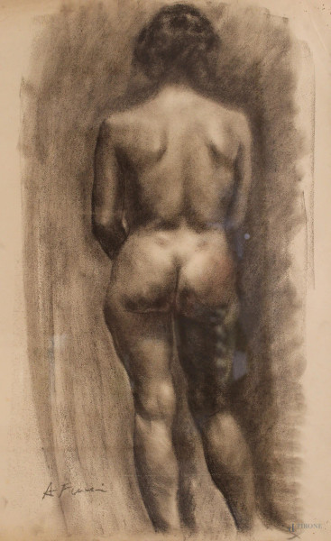 Nudo di donna, carboncino su carta, cm 60x40, firmato, entro cornice.