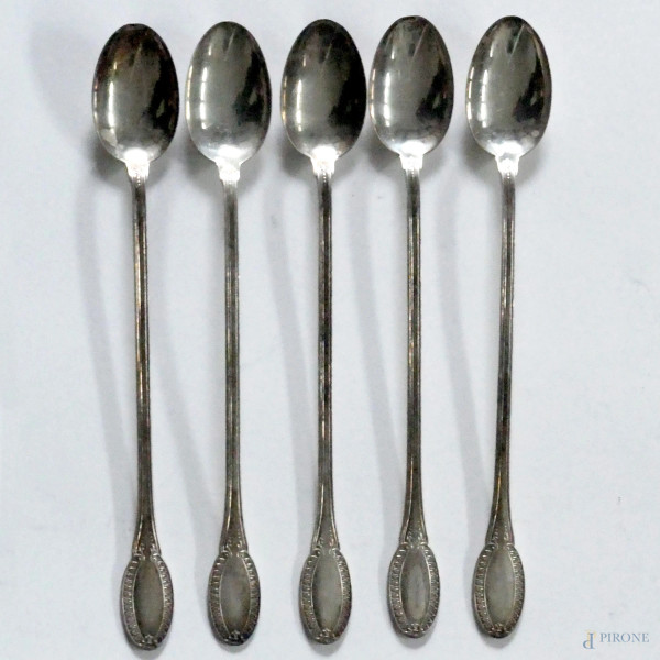 Lotto di 5 cucchiaini manico lungo in argento 800, peso gr. 103