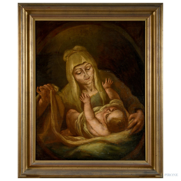 Scuola dell'Italia settentrionale del XVII secolo, Madonna con Bambino, olio su tela, cm 95,5x76, entro cornice, (abrasioni, sollevamenti e cadute di colore)