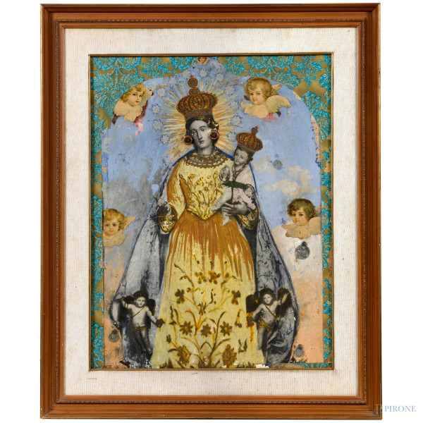 Madonna, XX secolo, stampa con collage e medaglie, cm 58x44, entro cornice, (difetti)