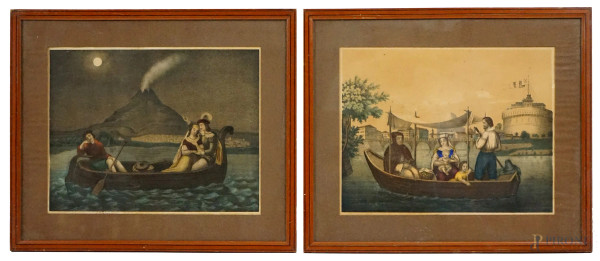 Coppia di stampe acquerellate raffiguranti scene romantiche, cm 25x30, inizi XX secolo, entro cornici